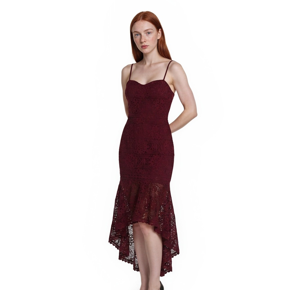 Two Sisters Lace Dress Womens Size 10 Burgundy High Low Mermaid Sweetheart Lined